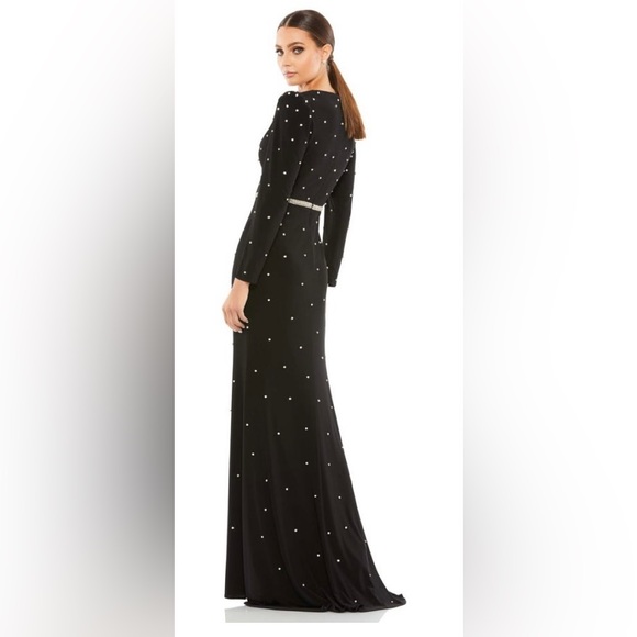 COPY - Mac duggal Belted Jewel Encrusted Plunge Neck Long Sleeve Gown - Picture 3 of 6